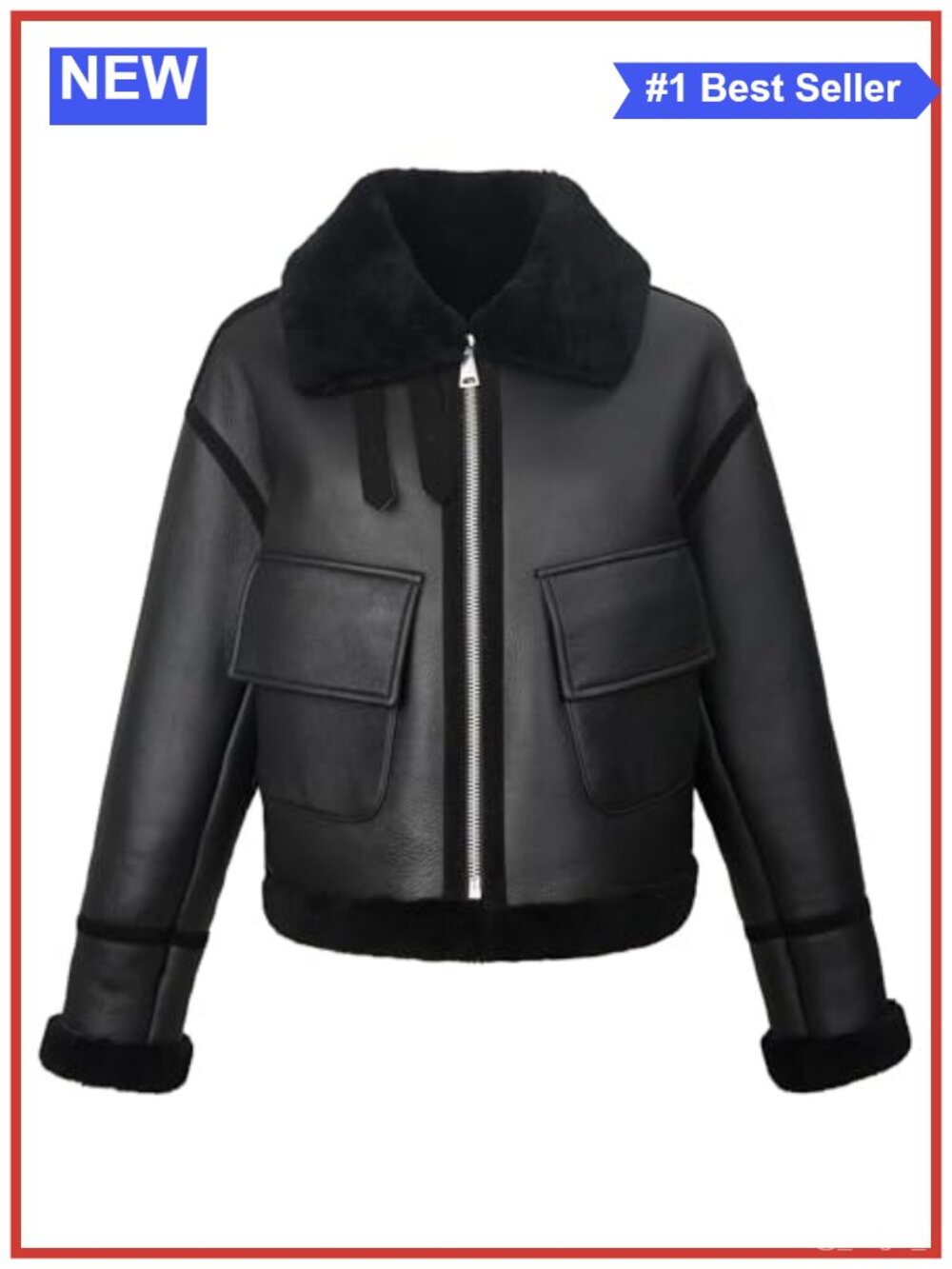 Shearling Leather Bomber Jacket Warm Winter Coat Full Zip Women